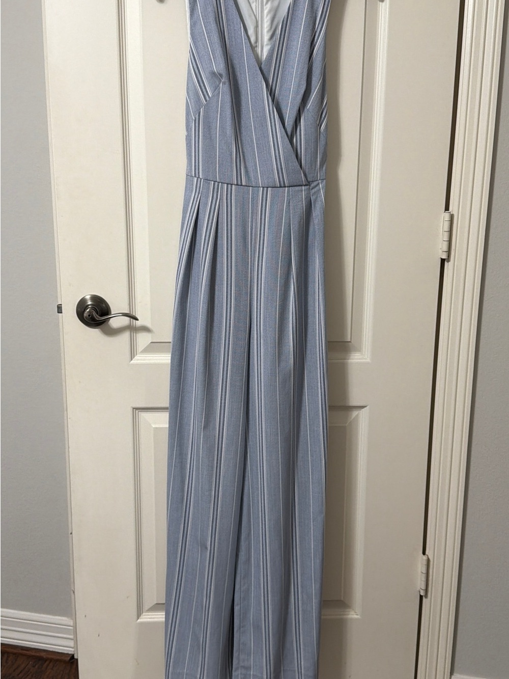 ANTONIO MELANI Light Blue and White Striped Sleeveless Jumpsuit